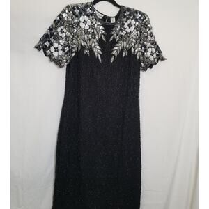 Holiday Party-Night Vogue Formal Black Silk Beaded Sequin Dress Knee Length Sz M